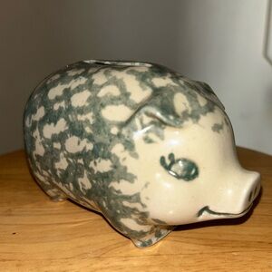 Vintage Clay City Pottery Green Spongeware Piggy Bank Pig
